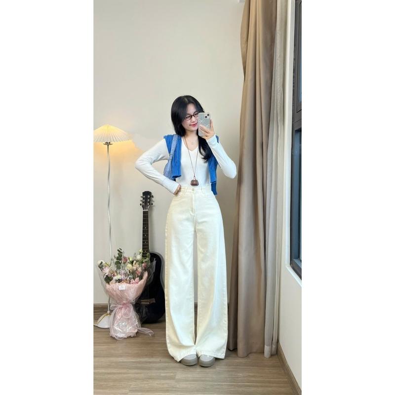 Quần jeans bò màu kem ống suông rộng phong cách Hàn Quốc 7