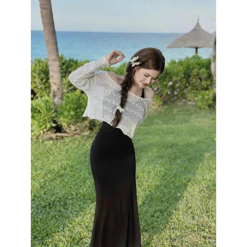 Đầm đuôi cá cổ yếm chất thun tăm kèm áo khoác trễ vai thun ren cho nàng diện đi chơi đi biển xinh xắn Kem Women Nữ Top