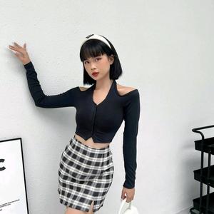 Áo croptop tay dài cột vòng cổ xinh xắn shop Tiến Linh Nữ Women Voi Nhung Shirt Đen Sơ Mi Sơ Mi Sơ Mi