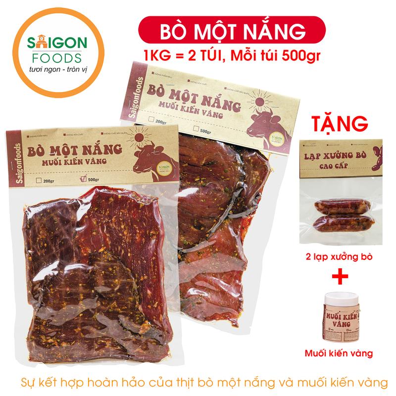 1kg Thịt khô Bò một nắng loại 1 + Tặng 2 cây lạp xưởng bò ) + Muối kiến vàng - [Giao hàng toàn quốc] Ăn Vặt Snack Thức Ăn Food