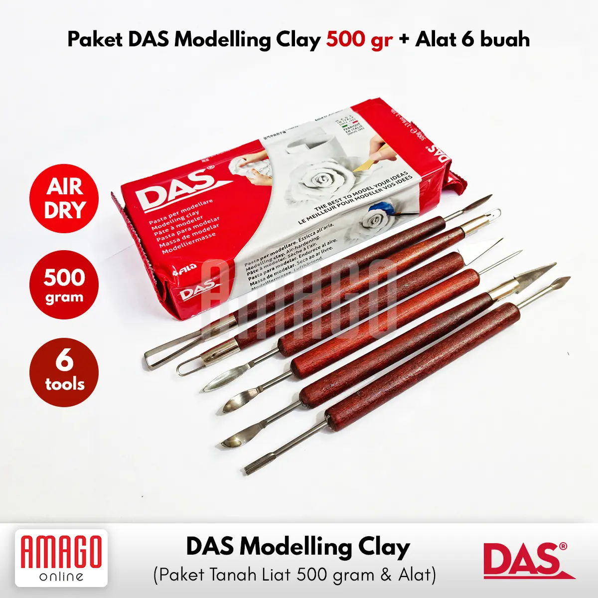 Paket Murah Kerajinan - 1 DAS Modelling Clay Tanah Liat 500gr PUTIH + 1 Set Alat Ukir Clay Gagang Kayu Isi 6 Alat