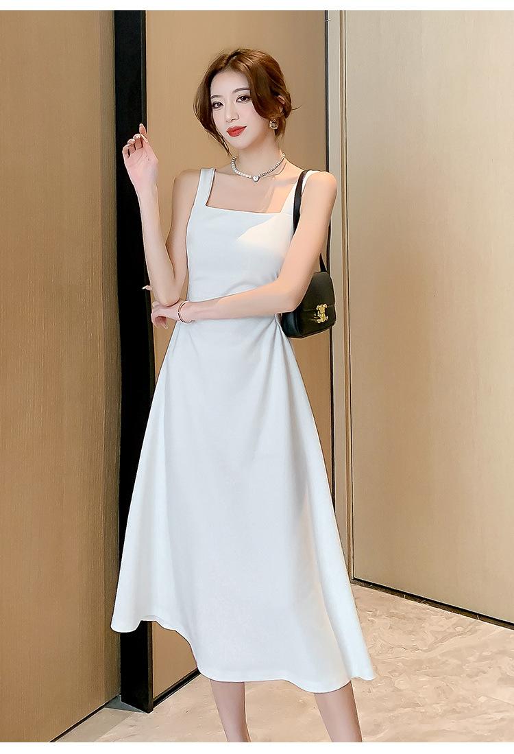 Product Introduction of "French Style White Camisole Dress Women's Summer Cool Square Neck Dress Beautiful Waist A-line Long Dress. Sleeveless, Elegant, Chic, Feminine, Casual, Fashionable." Fabric Womenswear Chinese Style Collar Piece Retro 17