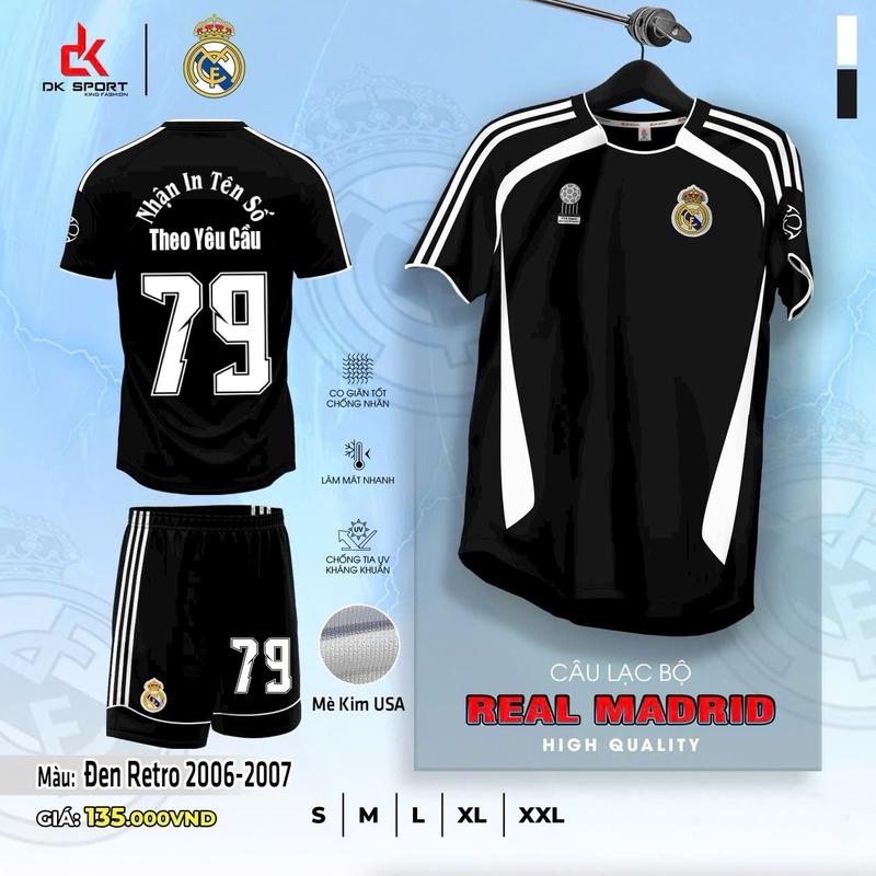 Real đen retro 2006 Bộ Quần Áo Bóng Đá Nhận In Tên Số Top Sport Thun Nam Trang Phục thể thao cao cấp quanao bong da