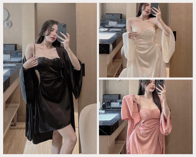 Đầm ngủ nữ - set gồm váy 2 dây cúp ngực rút eo cộng áo choàng tay loe rộng chất liệu lụa latin sang mịn mát Freesize 4O - 58kg áo choàng Women Dress