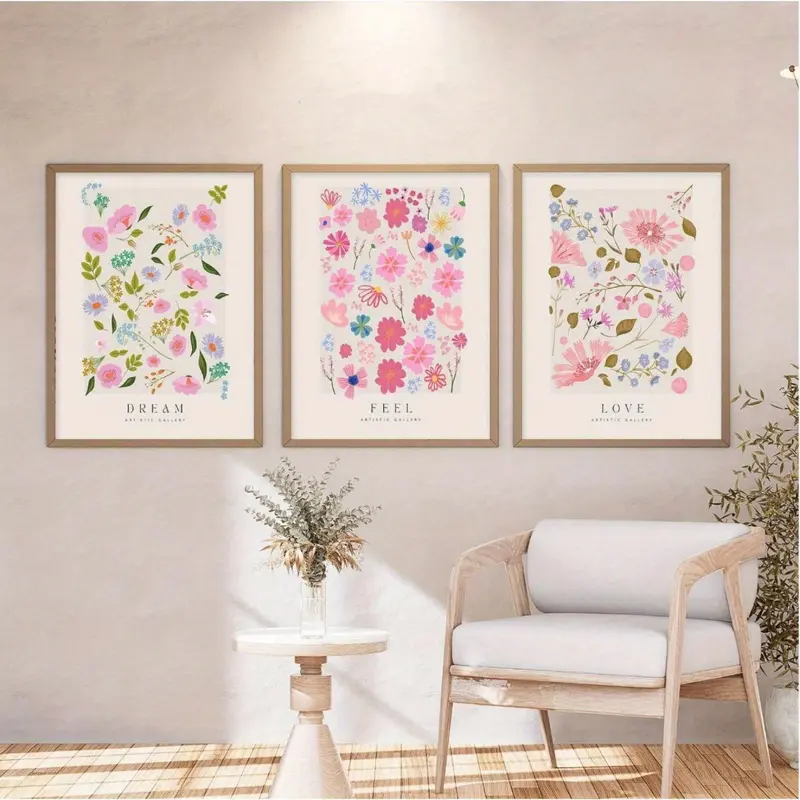 Flower Pattern Canvas Painting without Frame, 3 Counts/set Modern Botanical Themed Art Canvas Painting, Wall Art for Home Living Room Bedroom Decor 3