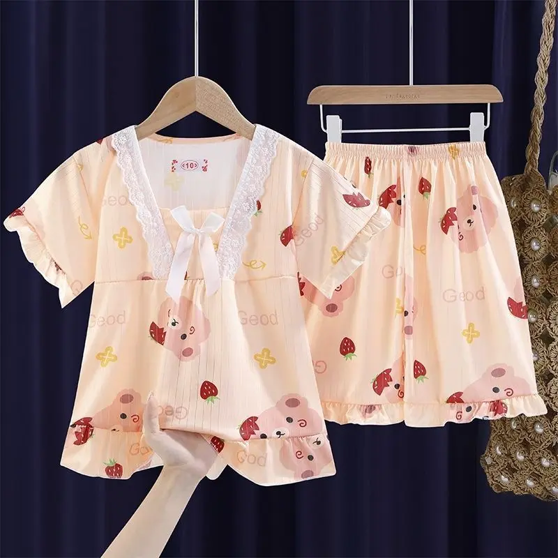 2025 Children's Pajamas Summer Princess Style Cartoon Short Sleeve Thin Children Baby Girl Medium and Big Children Air Conditioning Room Homewear Suit