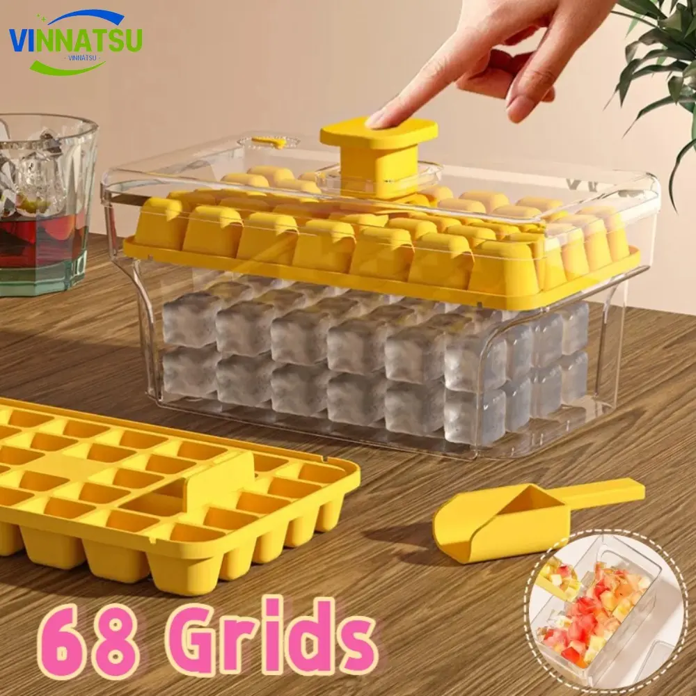 Vinnatsu 68Grids Cetakan Es Batu Wadah Transparan Tray Kotak Cetakan Es Batu Silikon Portabel Dengan Tutup Ice Storage Box Cetakan Es Batu Food Grade Ditekan Kotak Sekali Tekan Kuning Kitchenware  Silicone