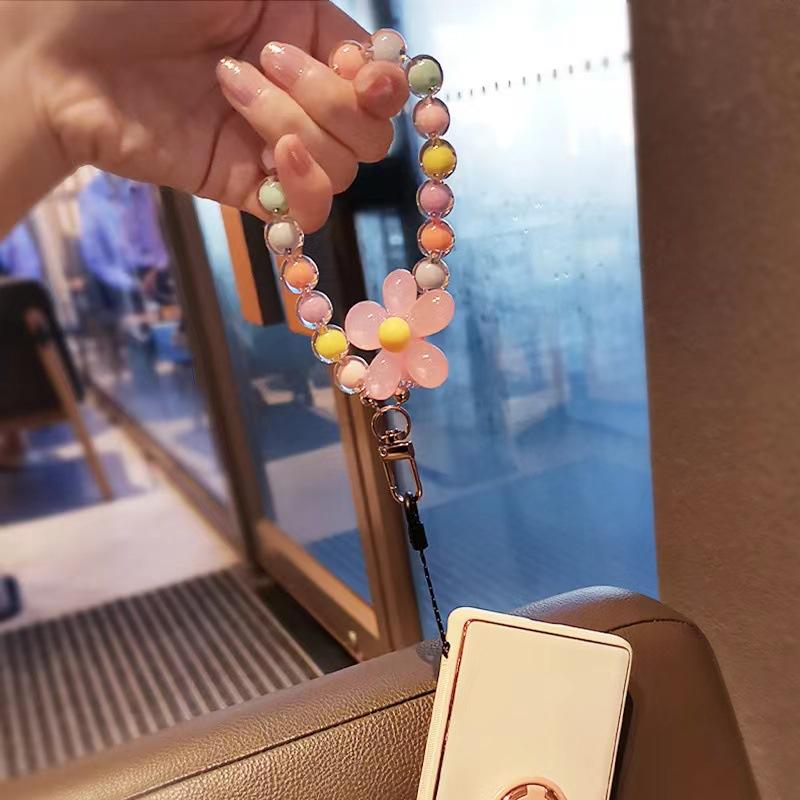 Product Introduction of Macaron Colorful Keychain Cell Phone Charm Handmade Pearl Flower Cell Phone Chain Wrist Rope 10