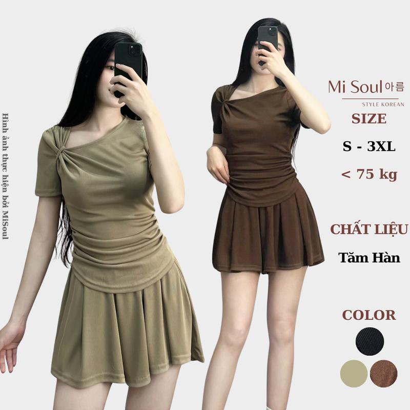 Set Áo Lệch Cổ Nơ Vạt Tròn Nhún Eo Kèm Quần Sooc Giả Chân Váy Tăm Hàn BigSize MiSoul, Set Bộ Cổ Nơ Vạt Tròn 274 Kem Nhung Nữ Đen Women Top