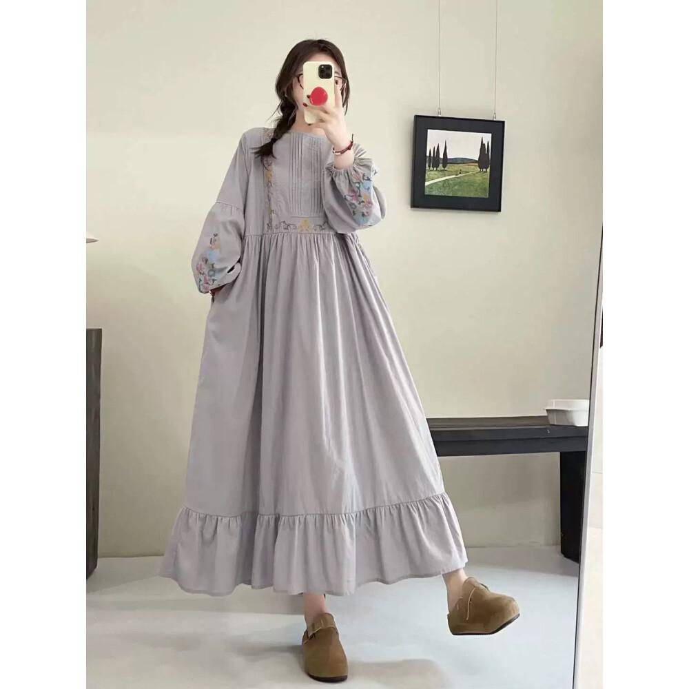 CHICMORE Gaun Gaya Rok A Line Longgar Gaya Kasual Modis Lengan Panjang Untuk Wanita