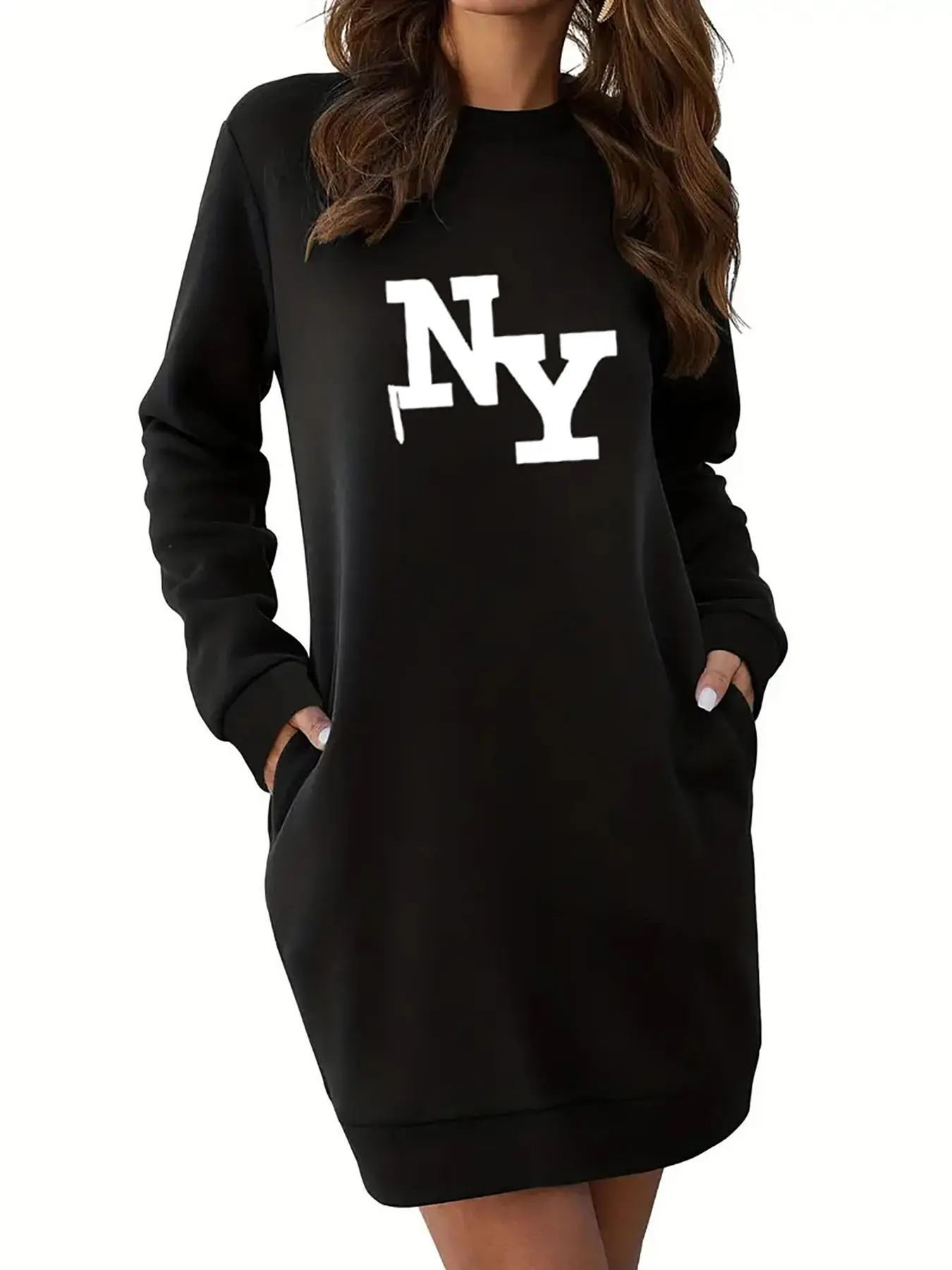 Women's Letter Print Pocket Thermal Lined Sweatshirt Dress, Casual Long Sleeve Round Neck Short Dress for Fall & Winter, Women's Clothes for Daily Wear