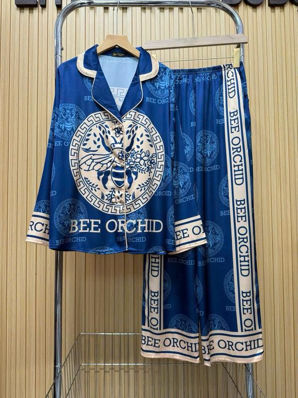 Đồ Bộ Pijama Nữ Lụa Latin Tơ Tằm, Thoáng Mát, Form Vest, Tay Dài Quần Dài In Họa Tiết Loang Màu Xanh Đậm Sang Trọng [Size 45-60kg và 61-75kg], Có Bigsize  Women Dài Tay