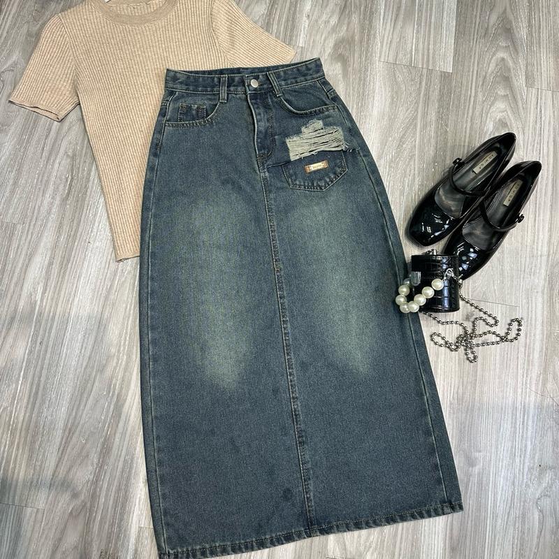 Chân váy jean dáng dài rách nửa túi mác denim #7384 [AN TÂY STORE68]kho3 Nữ Women Khuy