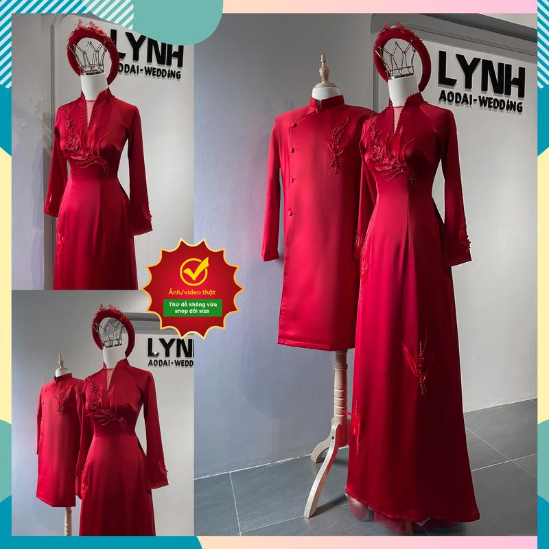 Áo dài cô dâu cưới Đỏ Đô NGỰC V KẾT SAM  - Áo Dài Lynh Nữ Women Váy Cưới Áo Cưới Dress Kem Voan Thun váycưới củaanh