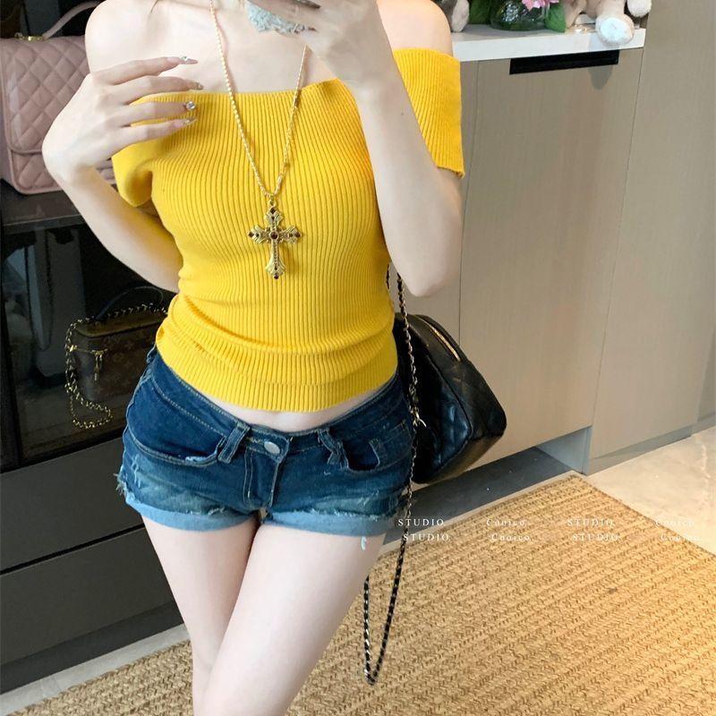 Phông Ngắn Tay Trễ Vai Màu Vàng, Dành Cho Nữ, Phong Cách Thuần Khiết, Ngọt Ngào Và Nóng Bỏng,  Ngắn Trễ Vai Mỏng, Thích Hợp Cho Mùa Hè, Hàng Mới Về Năm 2025, [Thanh Toán Khi Nhận Hàng] rhyder     số áo 7