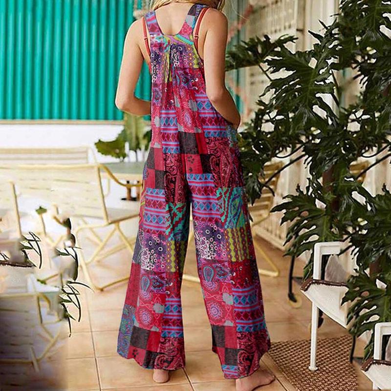 Product Introduction of Women Summer Overalls, Multicolor Ethnic Style Square Neck Sleeveless Casual Jumpsuit with Pockets for Girls, Red/Blue 49