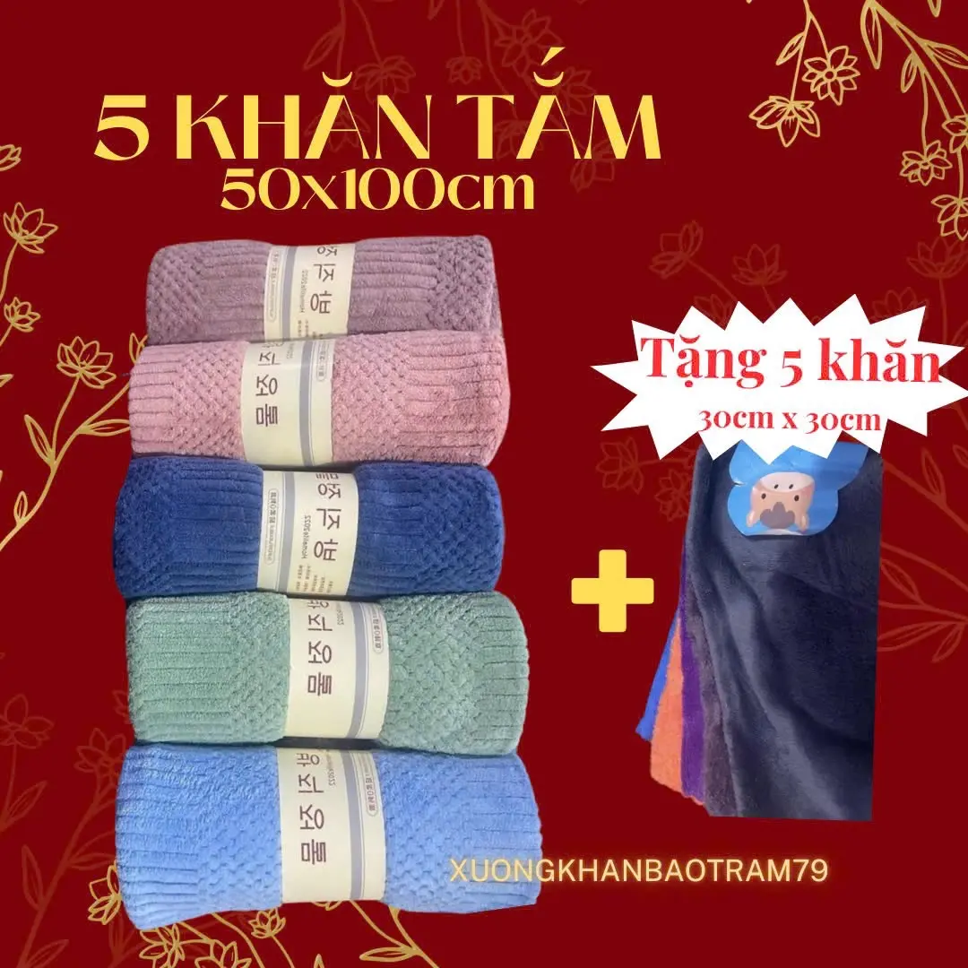combo 5 khăn tắm kích thước 50*100 vân hạt gạo + 5 khăn lau chất liệu lông cừu mềm mịn thấm hút nước