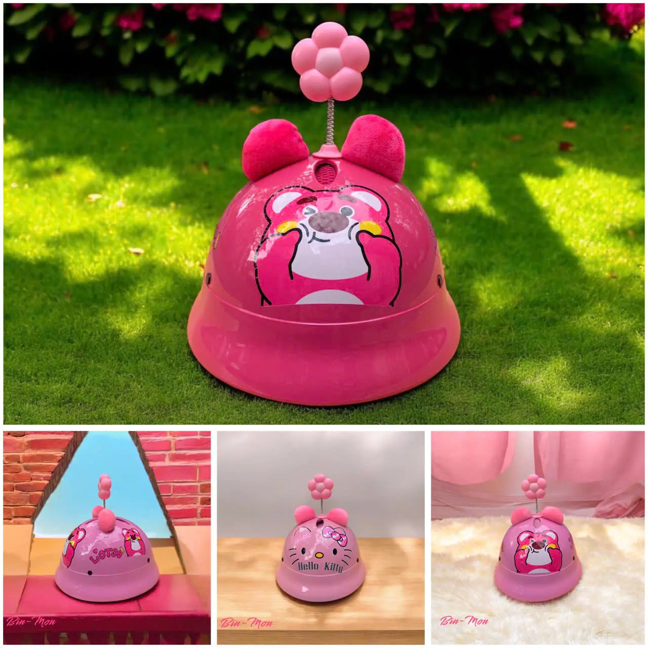 Mũ bảo hiểm cối tròn / vành tròn hồng gấu dâu, hello kitty kèm phụ kiện chame ( 4-8 tuổi)( có sẵn tai) Helmet
