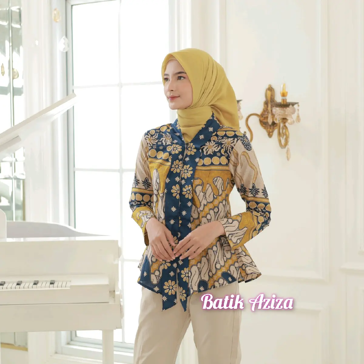 Batik Wanita Modern Lengan Panjang Kancing Depan Blus Batik Kencana by Batik Aziza Cewek blu s