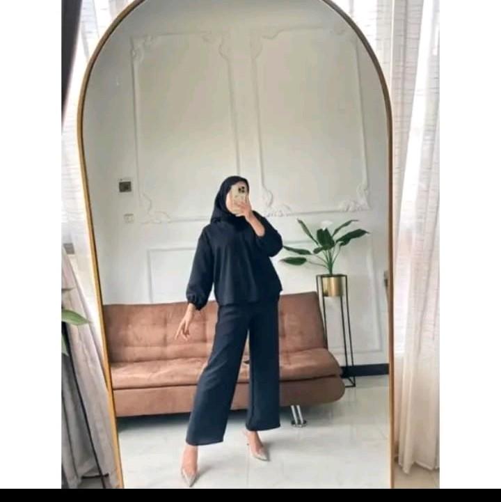 One set Luna crincle airflow Setelan Wanita Atasan Baju Celana Nyaman  Panjang Balon Crinkle Kerah Remaja 3