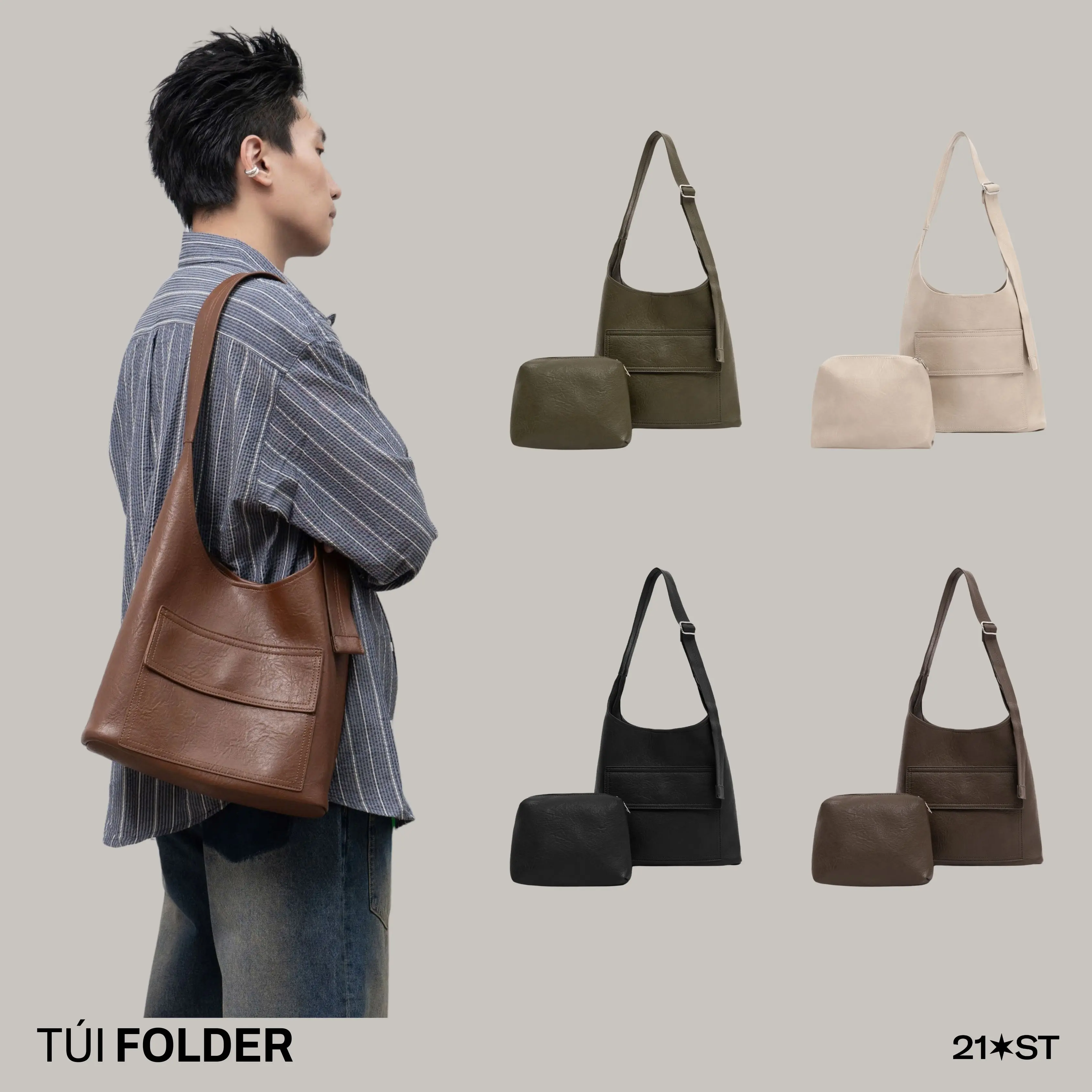 [Tặng thêm túi nhỏ] Túi da đeo vai unisex 5 màu Selected Folder Shoulder Bag