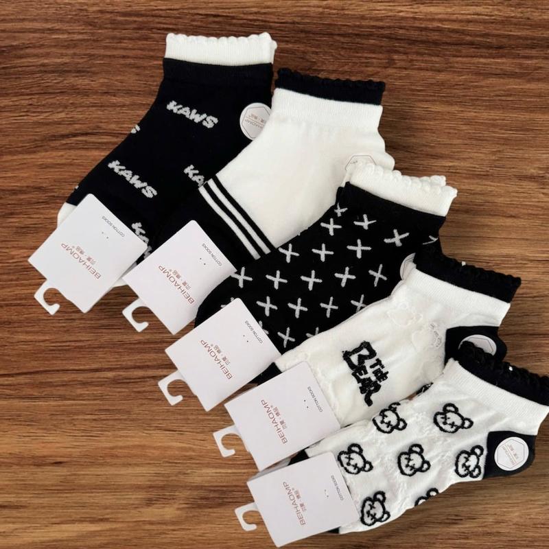 Sét 5 đôi tất nữ cổ ngắn Cotton cổ bèo ren mix màu đen trắng nâu có 2 mẫu