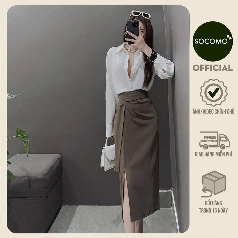 Socomo (Dài 78cm) Chân váy nữ dáng dài thắt vạt xẻ cạnh dáng bút chì CV222023 Women Nâu Voi  Kem