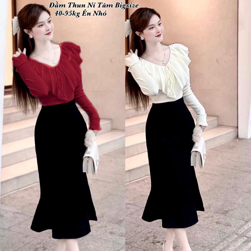 Sét Bigsize Thiết Kế Tay Dài Cổ Bèo Nhún Váy Dáng Dài Vải Nỉ Tăm Cao Cấp Thời Trang Bigsize Nữ đẹp Sang Chảnh Freesize 50-100kg Ennhocobigsize Nhung Women Đen set Nỉ big size noel bộ dsq mùa đông set đồ noel nữ bigsize đồ tết 2024 cho nữ Áo Tr - 2108