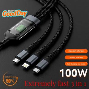 Kabel 3-dalam-1, 100W 6A, Pengecasan Pantas, Jalinan Nilon, Penunjuk LED, Serasi dengan iOS / Micro USB / Jenis-C