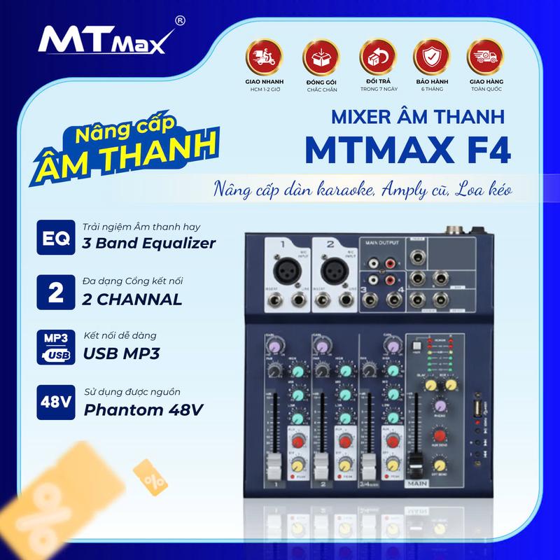 Bàn Trộn Âm Thanh Mixer F4 Usb Kết Nối Được Bluetooth Có 2 Đường Chỉnh Micro, Nâng Cấp Âm Thanh Hay Hơn, Kèm Dây Kết Nối Hoa Sen Ra Hoa Sen Với Nhiều Thiết Bị