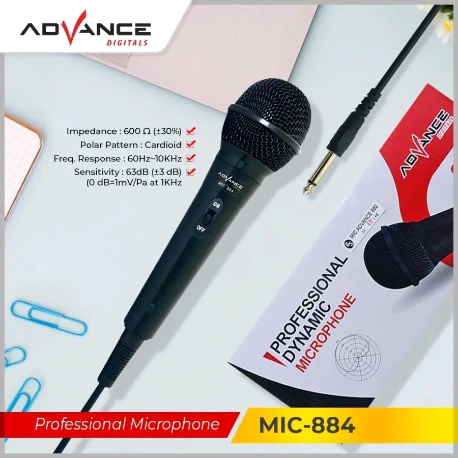 Advance Mic-884 Mic Karaoke Dynamic Kabel 884 jack Besar 6,5Mm Kabel
