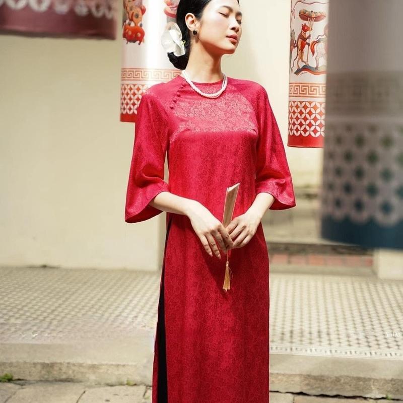 Áo Dài Tết, Áo Dài cách tân dáng xuông họa tiết vải gấm Cao Cấp ( kèm quần ) -Nhi 4
