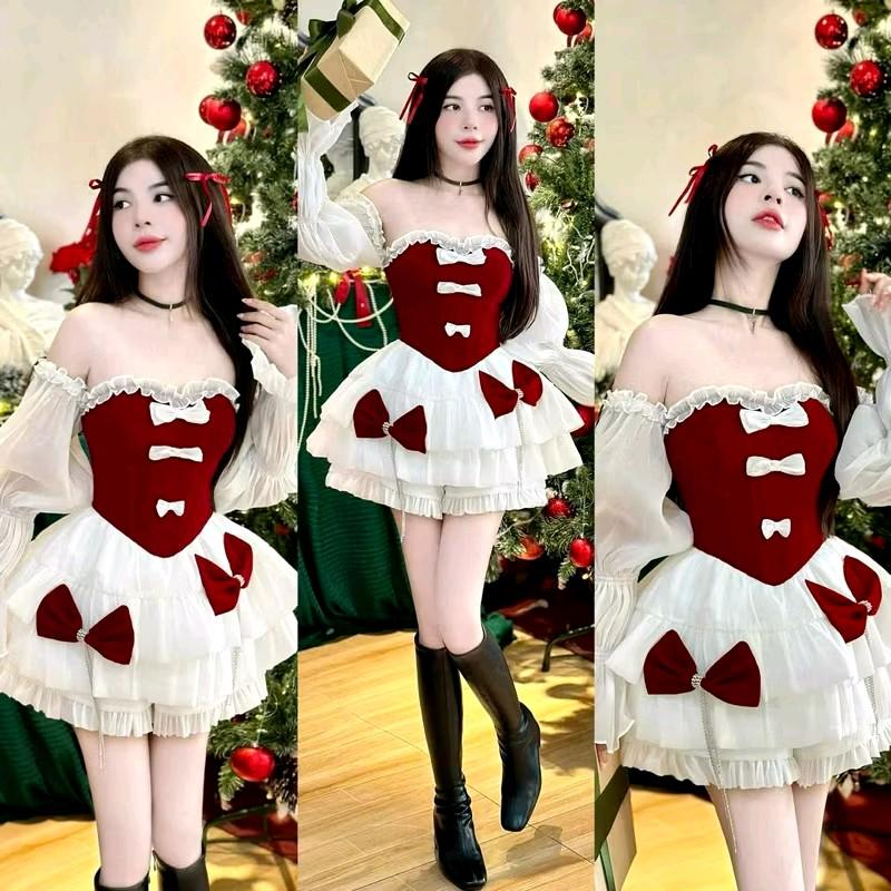 Đầm Xòe Tầng Cúp Phối Nhung Đỏ Trễ Vai Tay Phồng Đính Nơ Dây Đá - Nữ - Women Xmas
