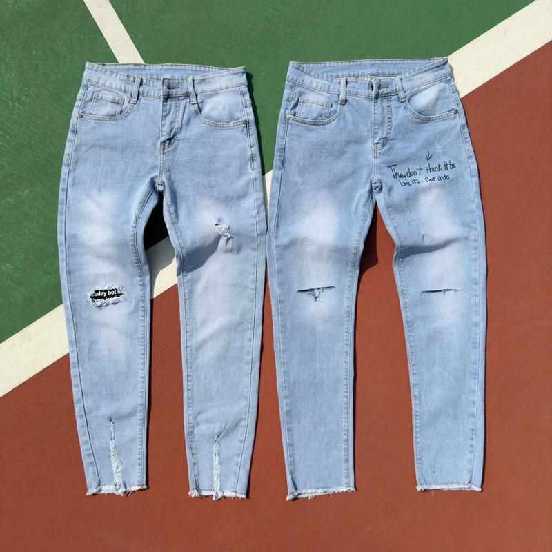 Quần Skinny Jeans Nam Co Giãn Xanh Nhạt Tua Lai