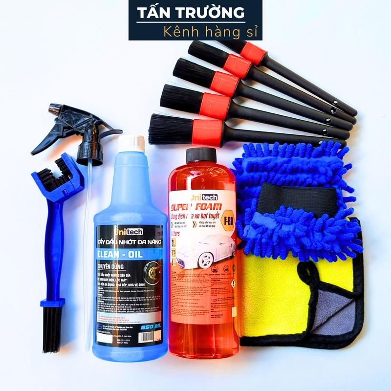 Combo 11 món phụ kiện rửa xe & rửa sên UNITECH - Combo Rửa Xe Tại Nhà Giao Như Hình (2 Dung Tích) - Xà Phòng Rửa Xe, Tẩy Đa Năng, Vòi Xịt Phun Sương, Khăn Lau Xe, Găng Tay San Hô, Bàn Chải Chà Sên 3D