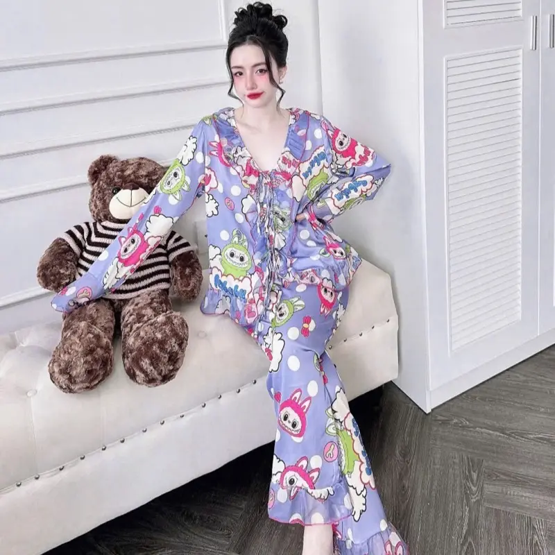 Bộ lụa tin tay dài quần dài cổ v phối viền bèo mặc nhà thoáng mát 50/75kg