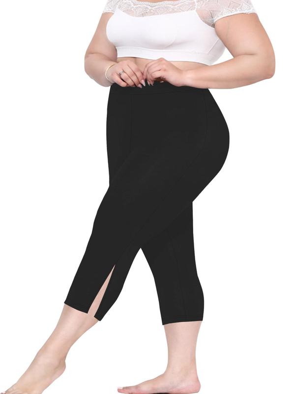 Plus Size Split Hem High Waist Capris Leggings, Casual Comfy Breathable Skinny Capris Pants for Yoga Gym Workout, Women's Bottoms for Summer, Summer Clothes, Womenswear 3