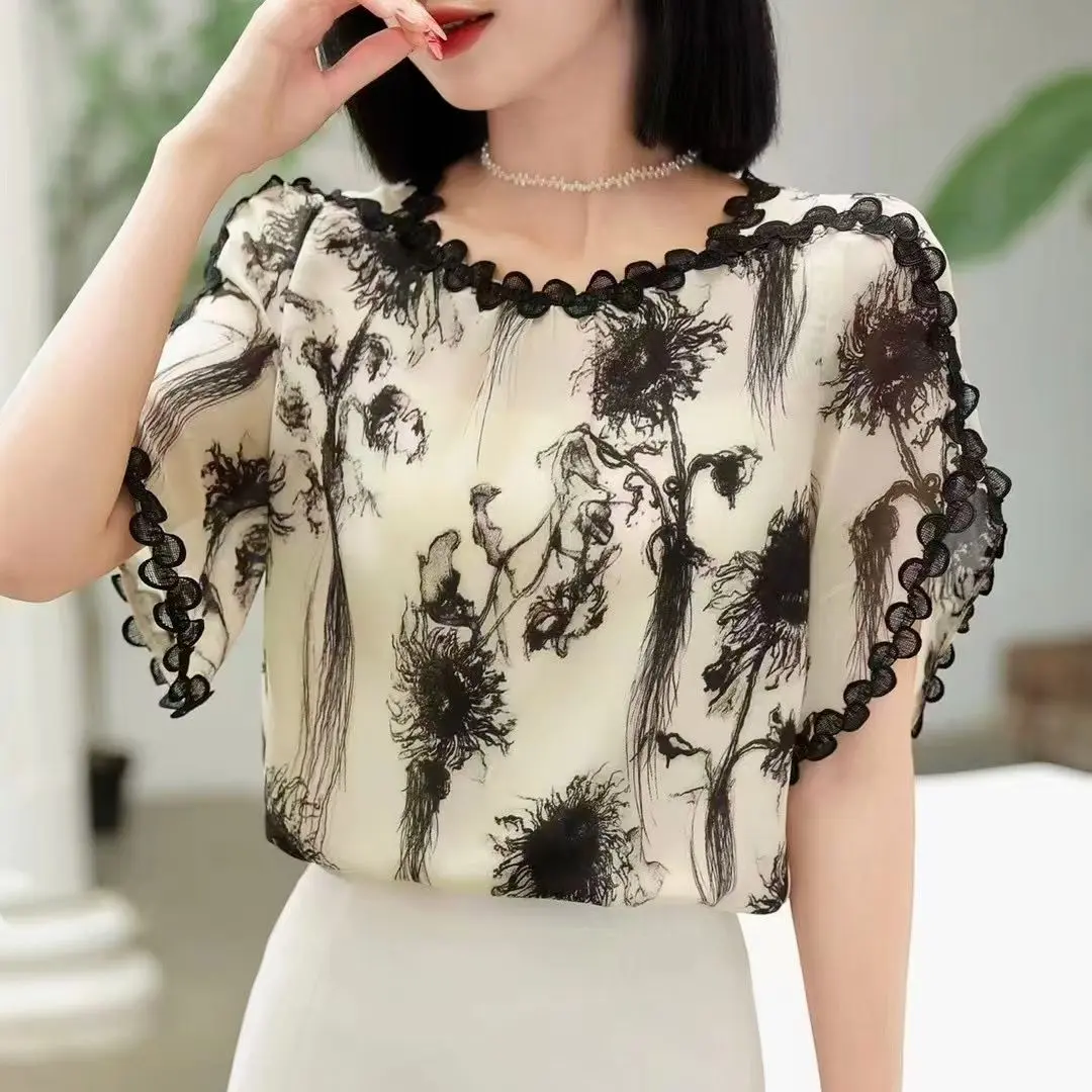 Áo Voan Hoa, Dành Cho Nữ, Phong Cách Mới Mùa Hè Mùa Thu, Dáng Rộng Vừa Vặn, Ngoại Cỡ, Mỏng Vừa Vặn, Phong Cách Phương Tây, Trông Trẻ Trung, Đẹp Và Sang Trọng, Áo Sơ Mi Nhỏ Women Top Cổ Tròn