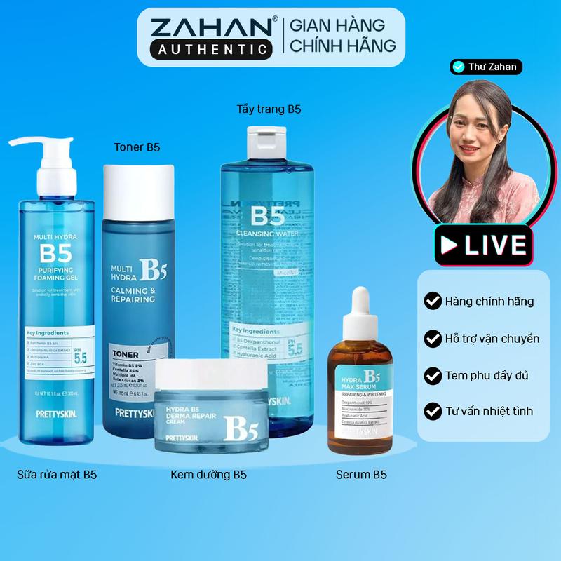 Trọn bộ cấp ẩm phục hồi Hydra B5 Prettyskin gồm tẩy trang B5, toner B5, gel rửa mặt B5, kem dưỡng B5, serum B5 (5 sản phẩm)
