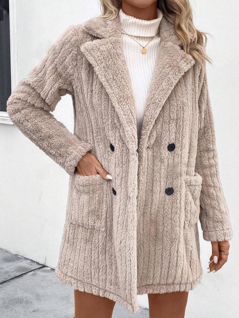 Product Introduction of Women's Solid Color Double Button Pocket Fuzzy Coat, Casual Long Sleeve Lapel Neck Outerwear for Fall & Winter, Women's Clothing for Daily Wear 5