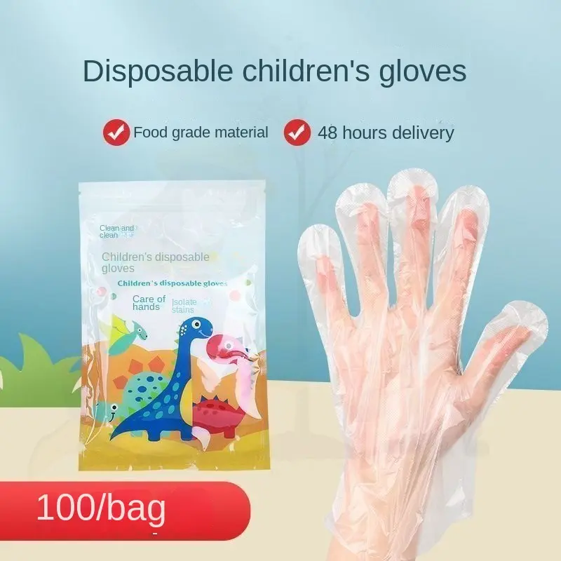 Găng tay dùng một lần, dành cho trẻ em, Cấp thực phẩm, Đặc biệt cho trẻ em và trẻ sơ sinh, Được làm bằng màng nhựa PE, Thích hợp cho việc phục vụ, Có thể tháo rời, Dày dặn, Đồ gia dụng