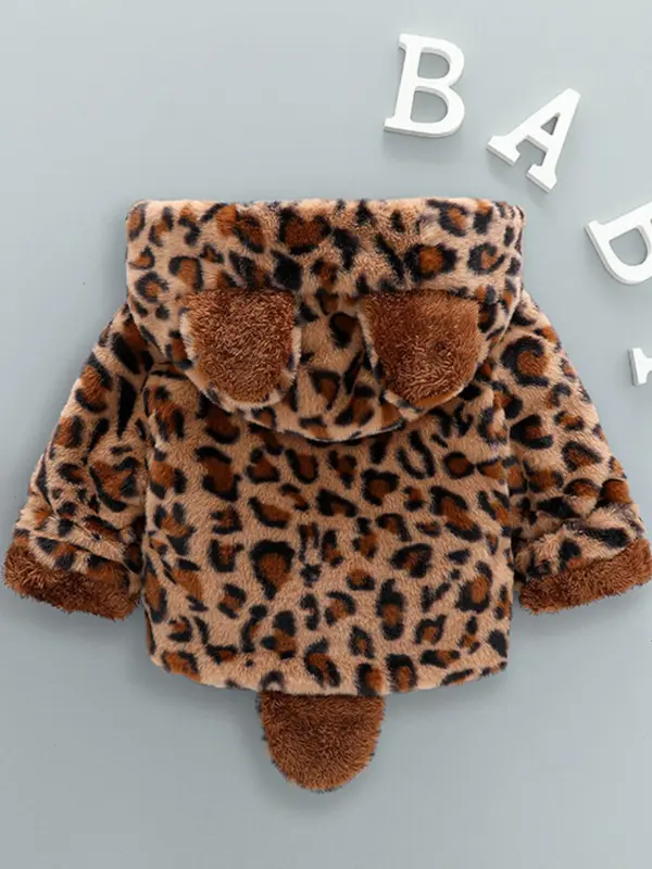 Toddler Girl's 3d Ear Decor Leopard Print Button Front Plush Hooded Winter Coat, Cute Long Sleeve Outerwear for Fall & Winter, Kids Clothes for Daily Wear 1