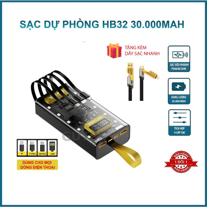 [TẶNG CÁP SẠC NHANH] Sạc Dự Phòng HB32 30.000 mAh, sạc nhanh PD 120W, có đèn Led, thiết kê trong suốt