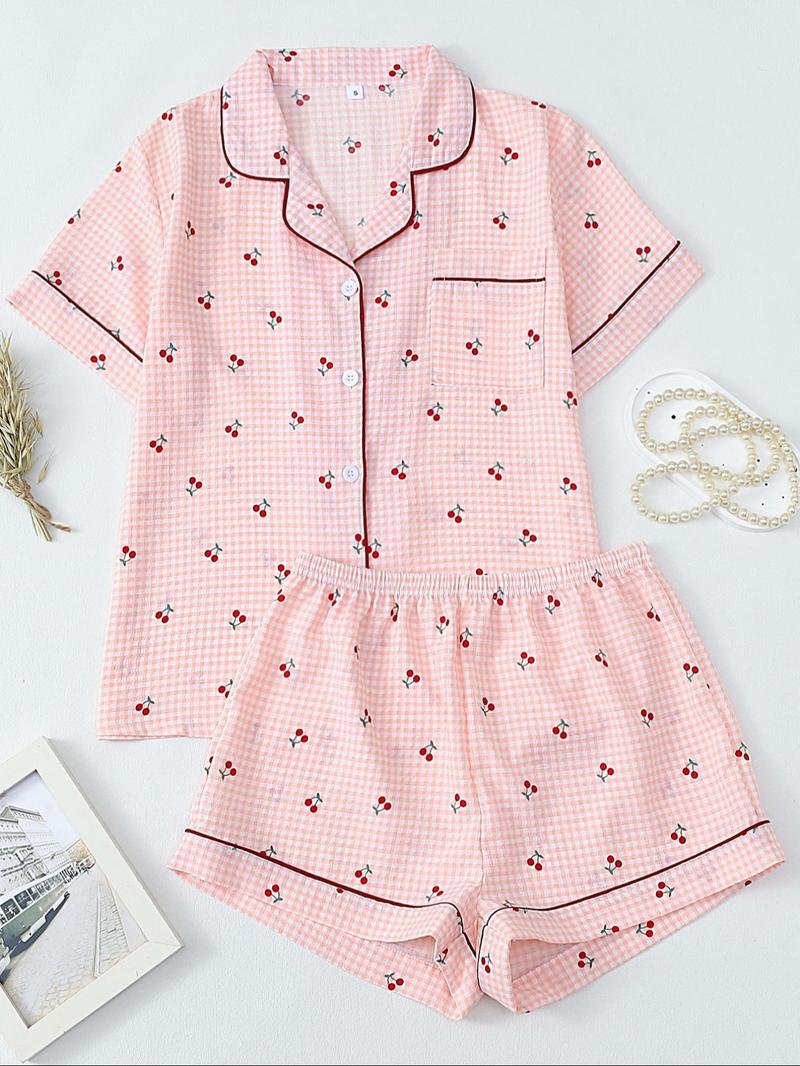 Product Introduction of Women's All Over Print Short Sleeve Top & Shorts Pyjama Two-piece Set, Casual Comfy Top  & Shorts Set, Ladies Sleepwear for All Seasons 1