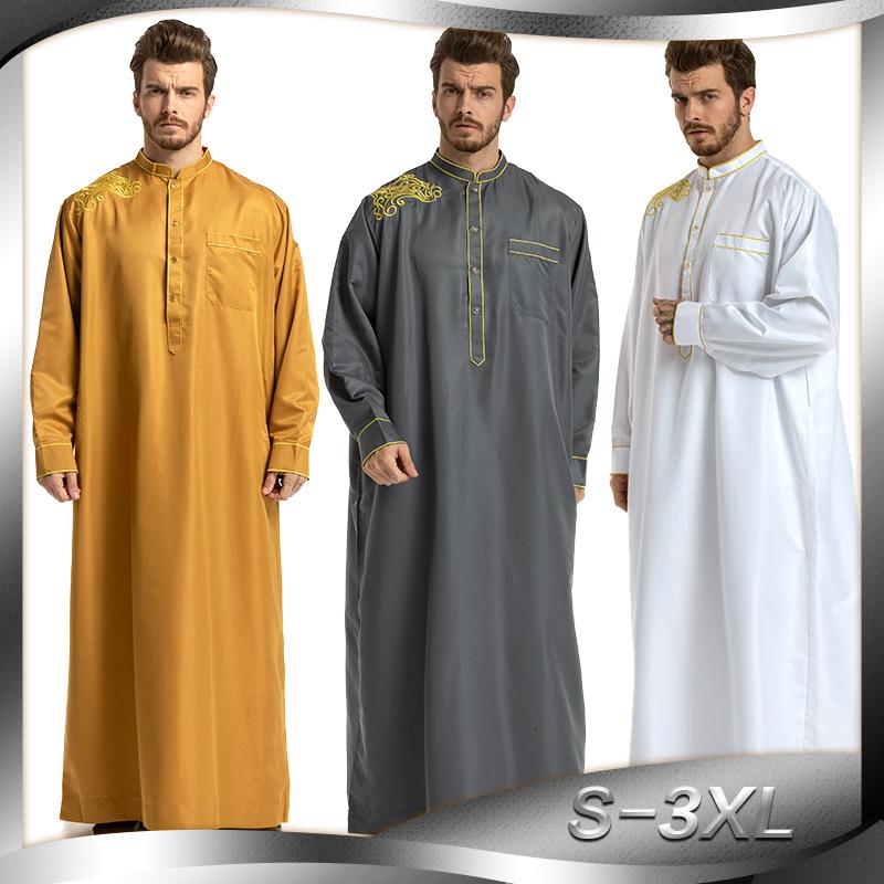 European and American Hot Sale Middle East Muslim Ethnic Embroidery Long Sleeve Loose Stand Collar Robe Men 0006 0