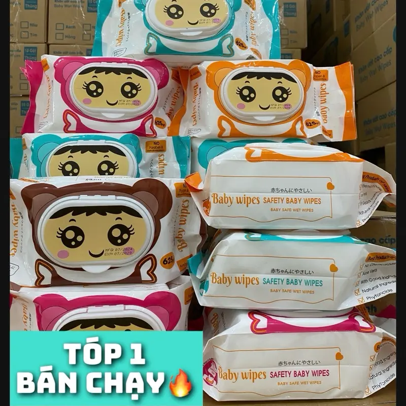 [Bịch to 625gram] Thùng 10 bịch khăn ướt cao cấp BABY WIPES giấy khổ to 18x24cm không mùi không cồn không chất tẩy an toàn cho làn da bé Date 2/2025-2/2028