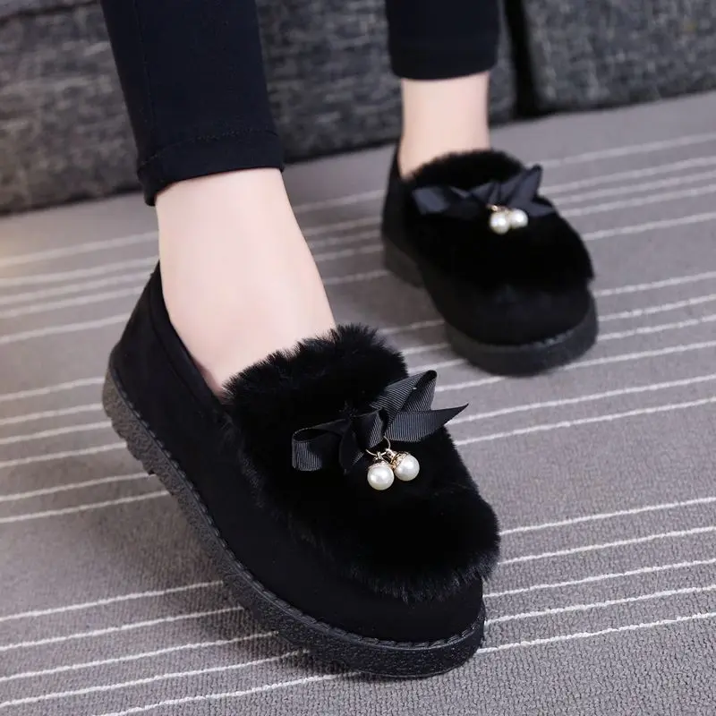 Giày Cotton Lót Lông Cừu Cho Nữ, Giày Giữ Nhiệt Có Lông Cho Nữ, Giày Đế Bằng Chống Trượt Cho Bà Bầu, Gommino, Giày Vải Bắc Kinh Cũ