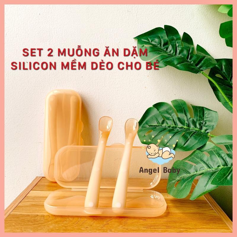 Bộ 2 muỗng ăn dặm silicone cho bé, thìa ăn dặm siêu mềm, bảo vệ nướu bé an toàn khi dùng