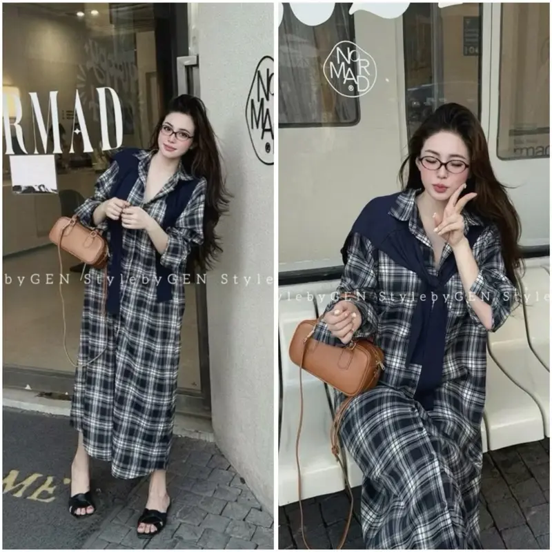 Váy sơ mi Kẻ màu Xanh Đen kèm Khăn thuỷ thủ, form rộng, dáng dài @IMAYBI14.CLOTHING Dress Nữ Voi Women