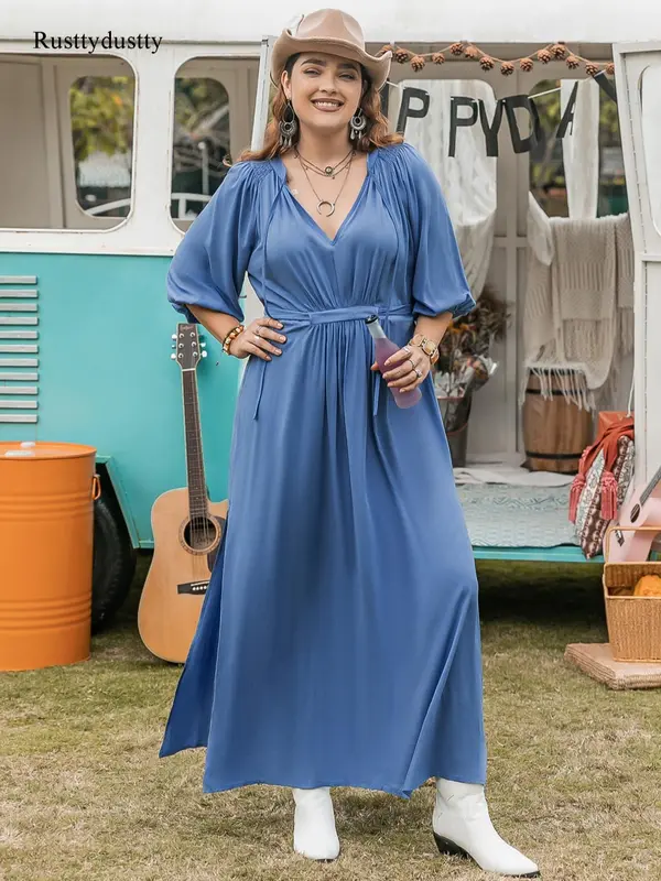 【Plus Size】Solid Color Tie Neck Split Side Dress, Casual Half Sleeve Long Dress for Daily Wear, Women's Plus Clothing for All Seasons 0